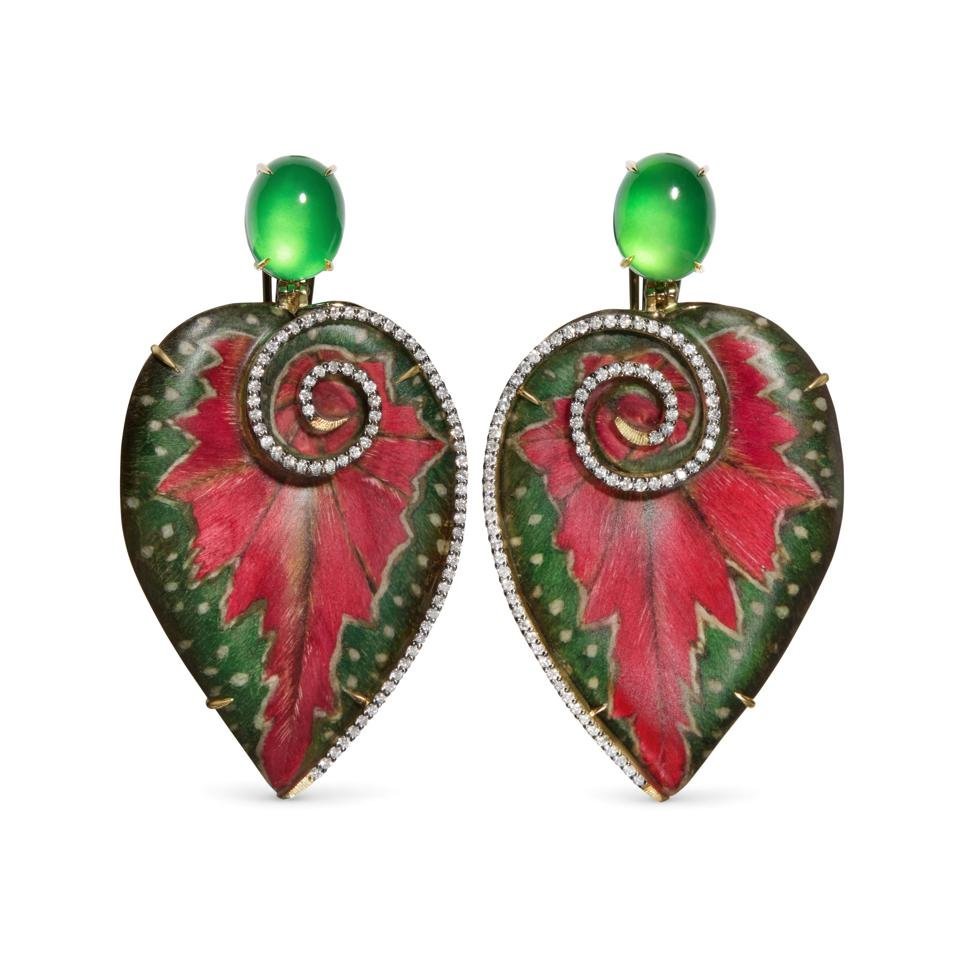 Begonia Leaf earrings with wood marquetry and green jadeite