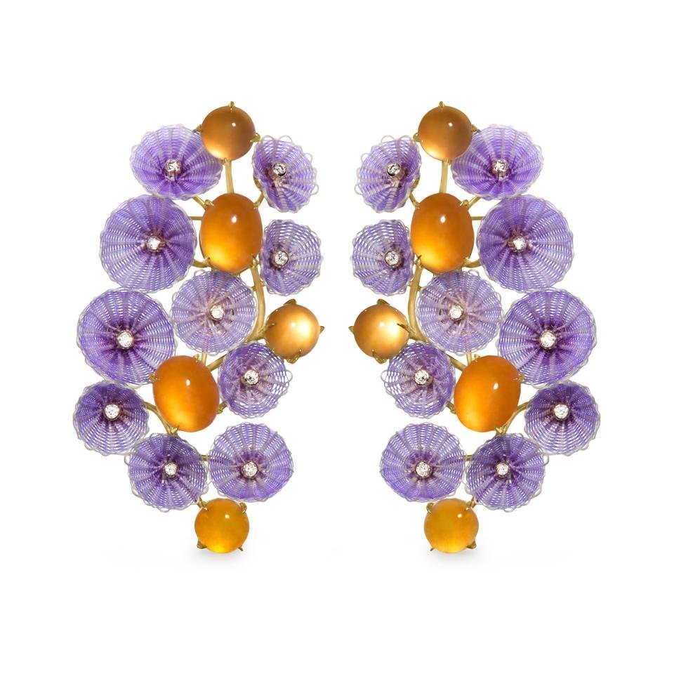 Cascade earrings with orange jadeite and braided horsehair