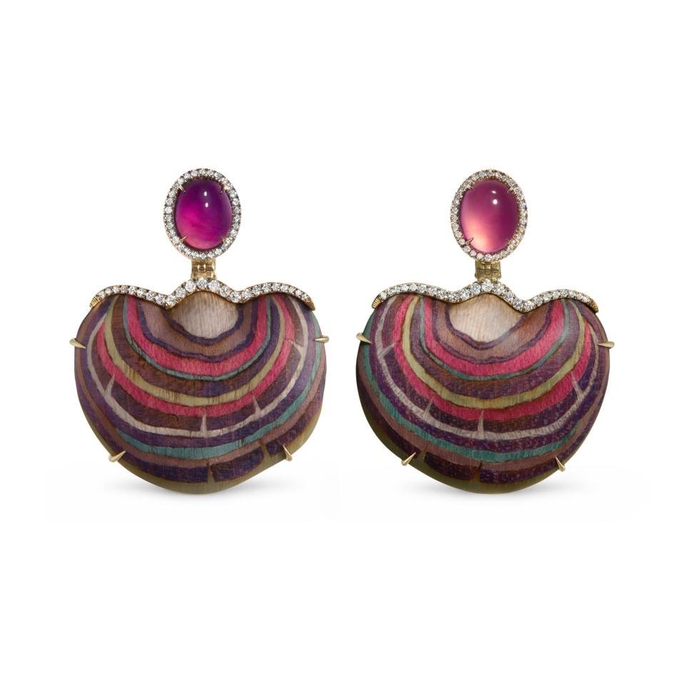 Wild Mushroom earrings in rose gold with pink and lavender jadeite