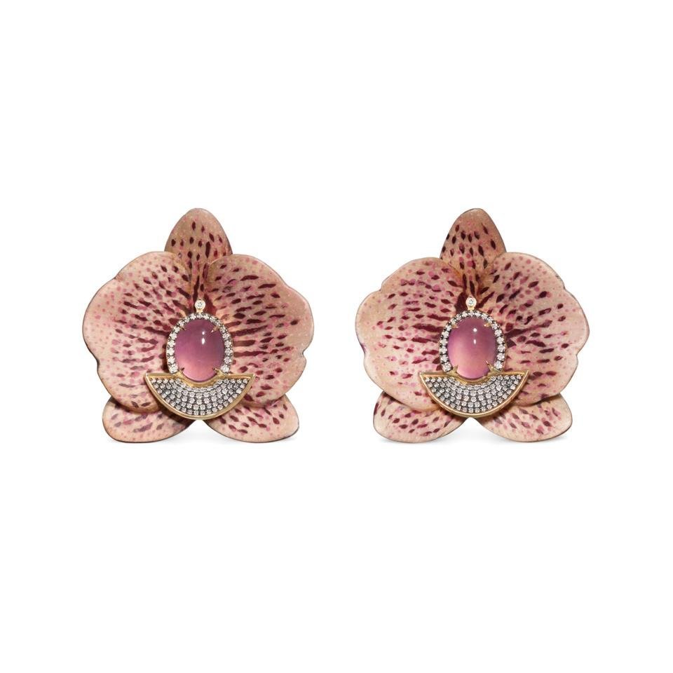 Wild Orchid earrings with orchid marquetry and jadeite