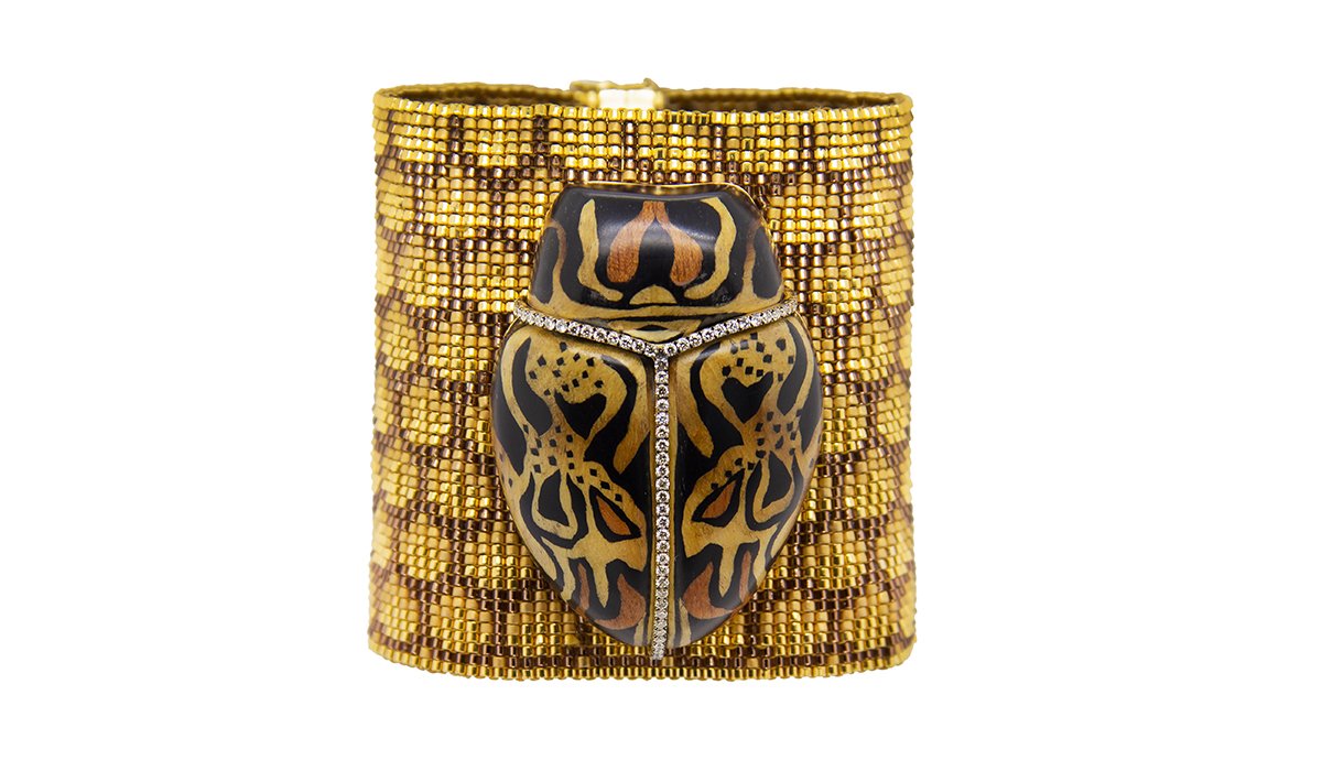 Scarab beaded bracelet in gold with diamonds and wood marquetry by Silvia Furmanovich