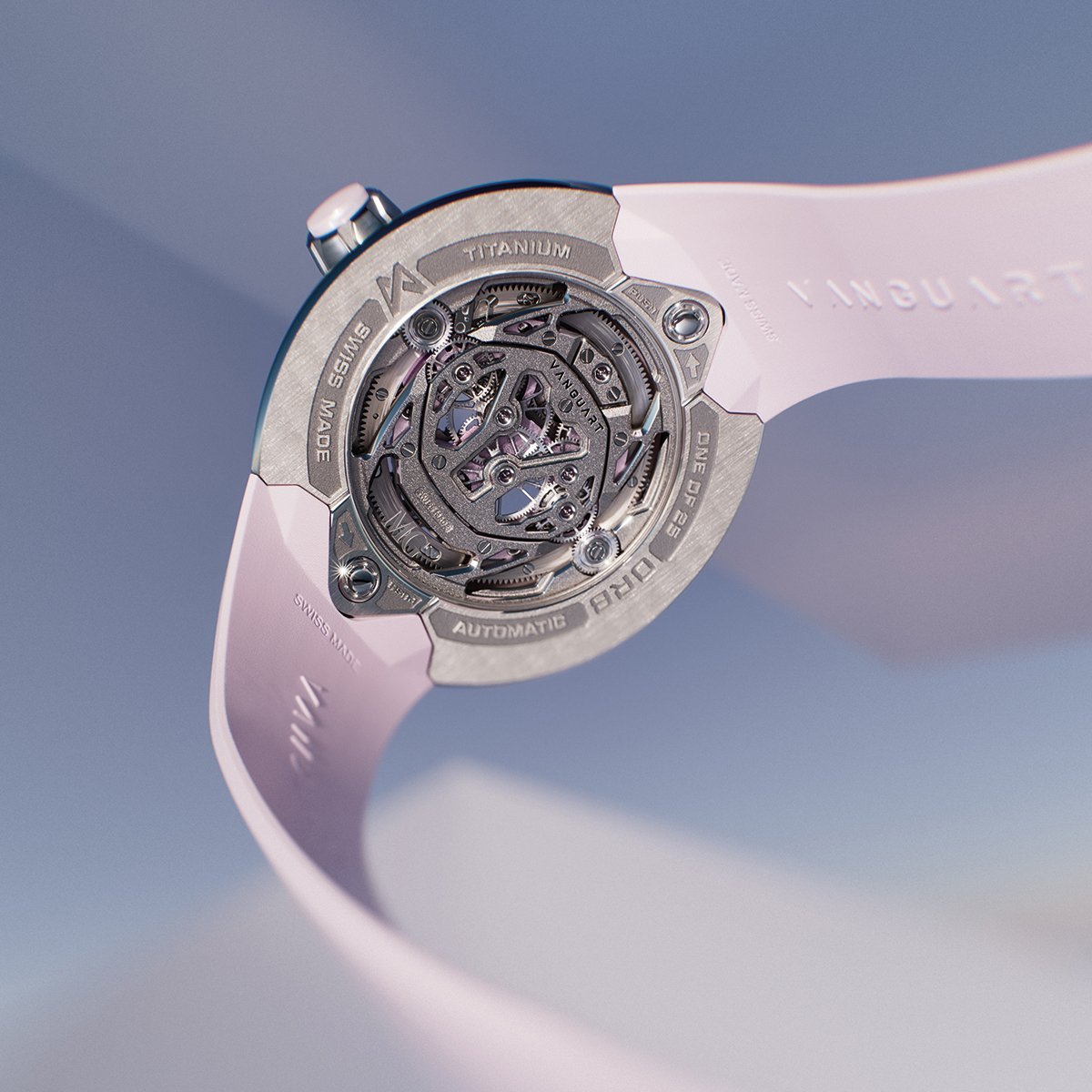 Caseback of the Vanguart Orb Pink Ceramic Titanium showing the movement