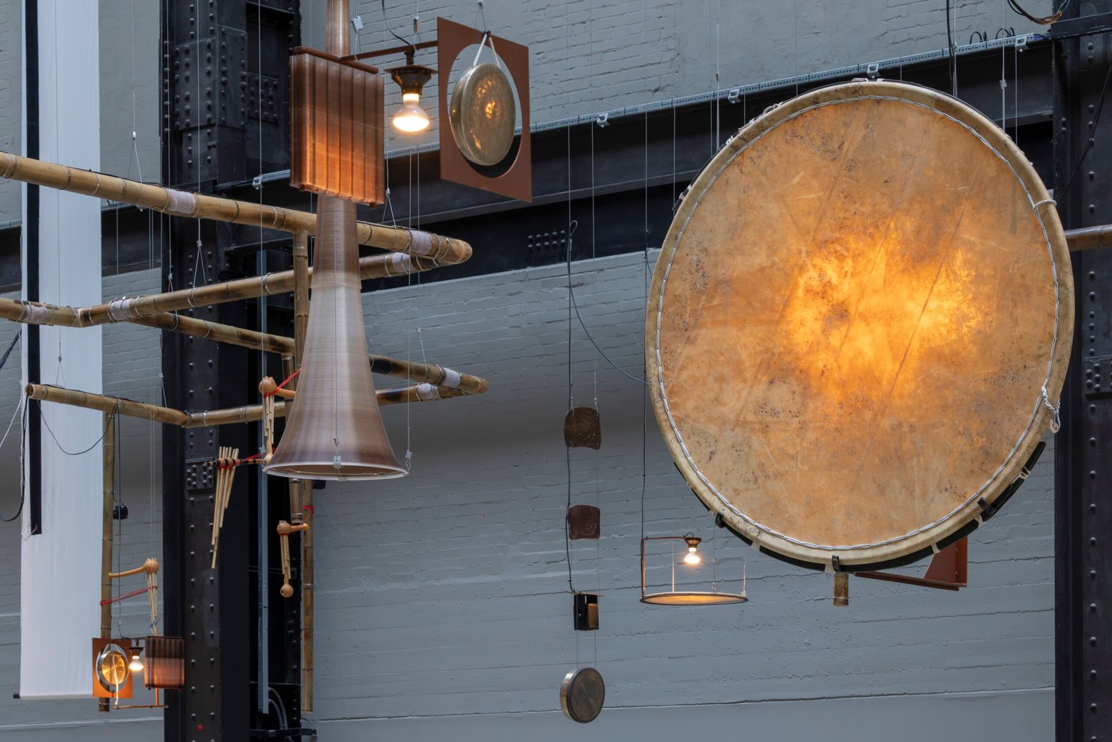 Installation view of Hyundai Commission: Tarek Atoui, Hold, in the Turbine Hall at Tate Modern