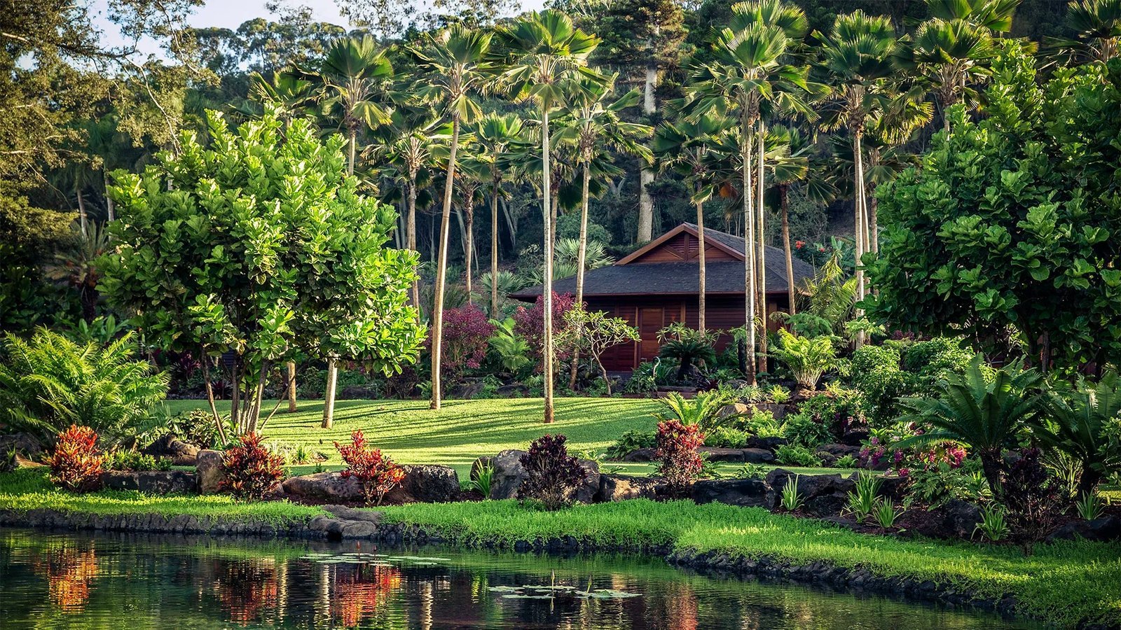 Private spa hale among tropical planting at Sensei Lanai