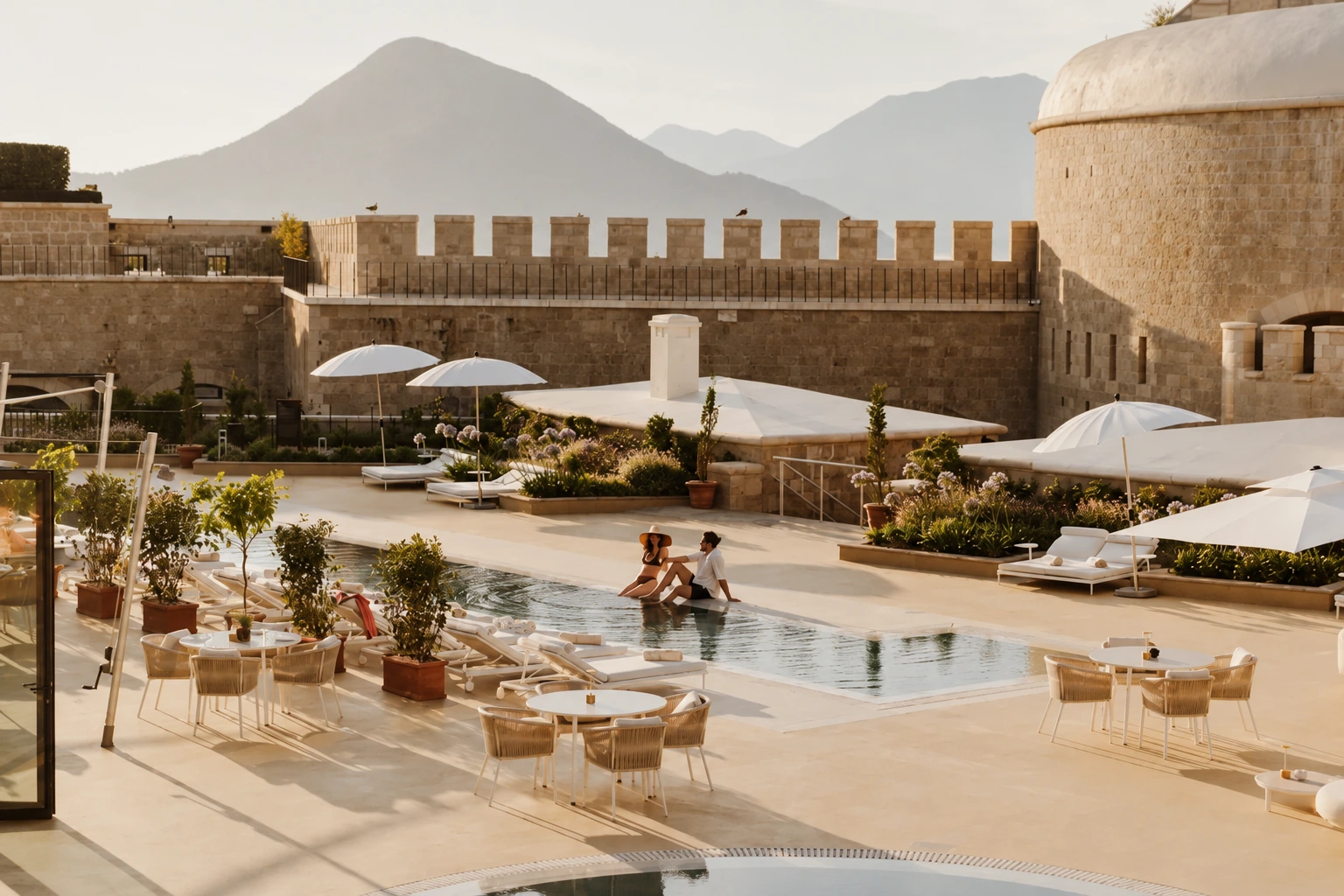 MAMULA ISLAND. The pool courtyard within the restored fortress. Photo: Rebecca Hope.